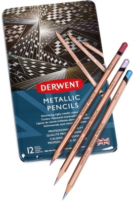 Creioane colorate Derwent Professional Metallic, cutie metalica, 12 culori/set, metalizate